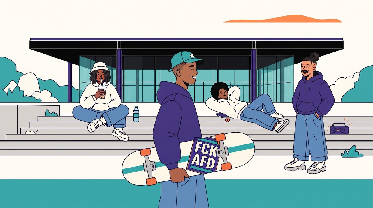 Junger Mensch mit FCK-AFD-Sticker auf dem Skateboard vor der Neuen Nationalgalerie — Illustration
